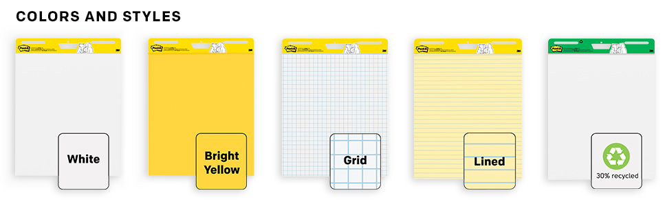 Different colors and styles of Post-it Easel Pads: White, Bright Yellow, Grid, Lined and Recycled