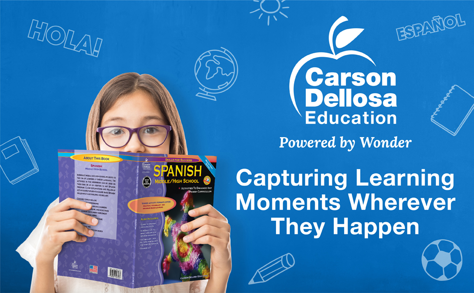 Middle school girl holding a book in front of her face with the Carson Dellosa slogan