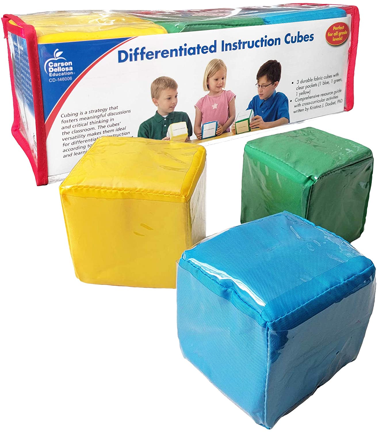Carson Dellosa Differentiated Instruction Cubes—Blue, Yellow, Green Foam Learning Cubes with Clear Pockets, Customizable Learn