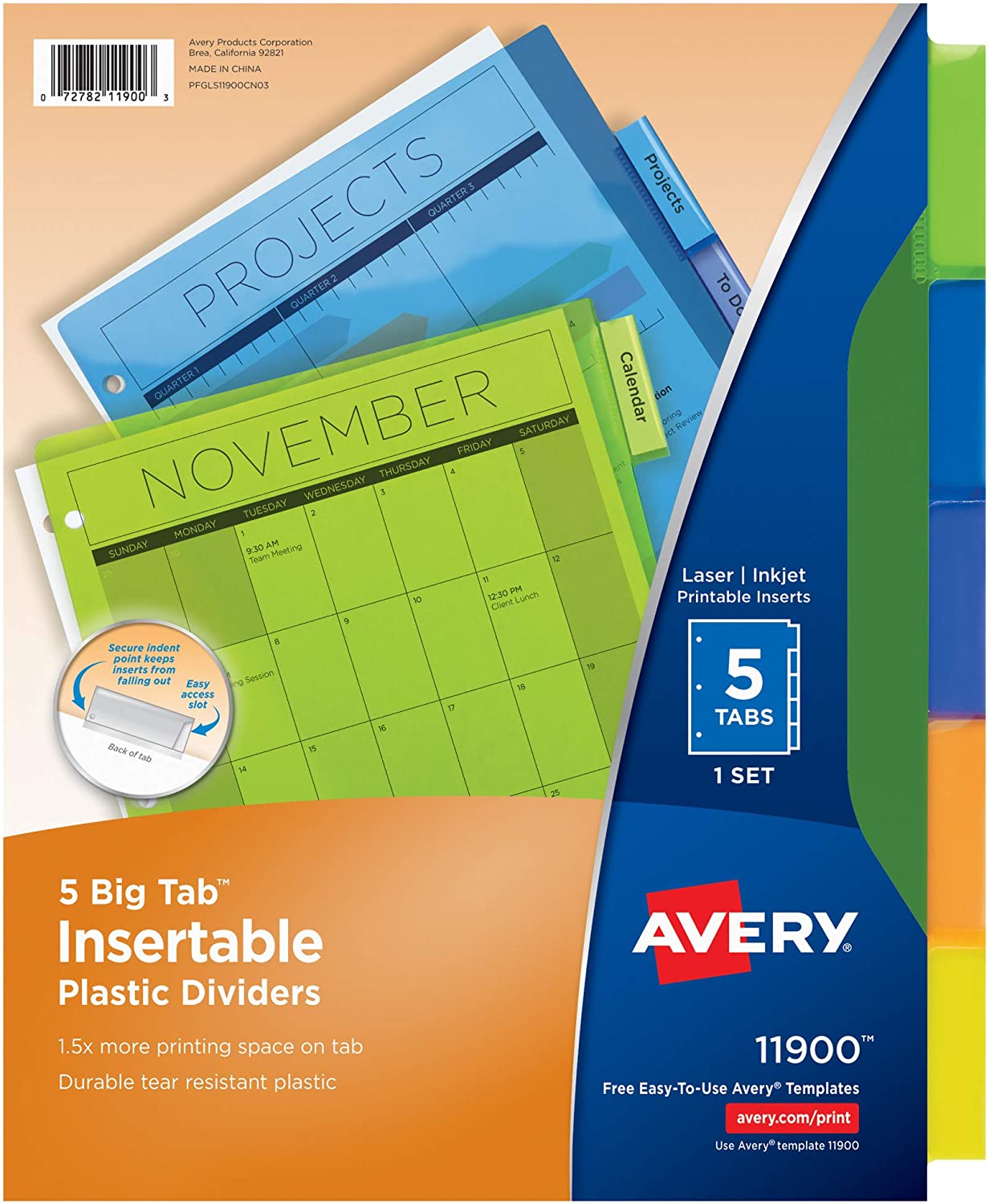 Avery 5-Tab Plastic Binder Dividers, Insertable Multicolor Big Tabs, 3 Sets (11900)