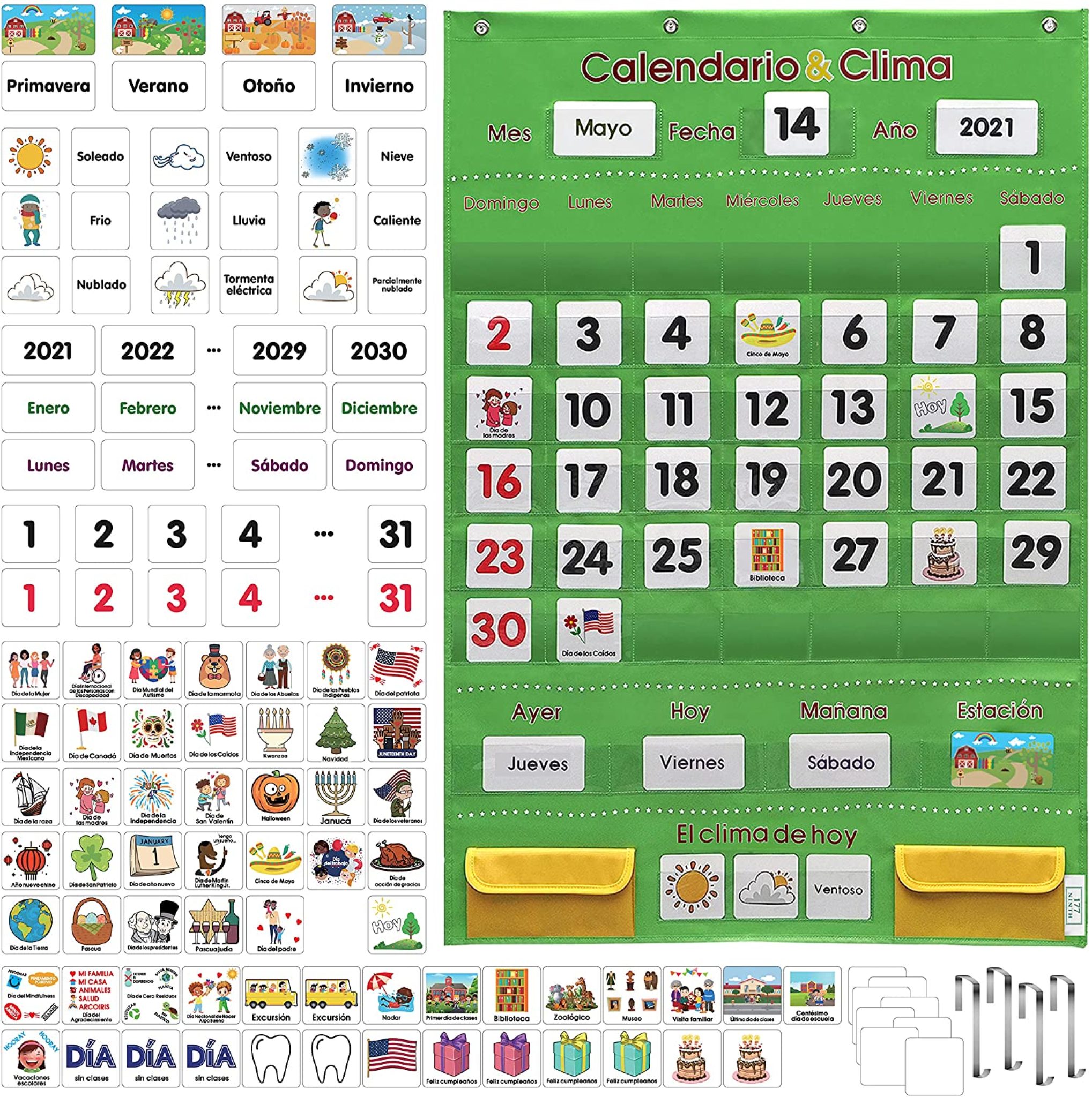 Spanish Calendar For Classroom & Home With 142 Durable Flash Cards & 4