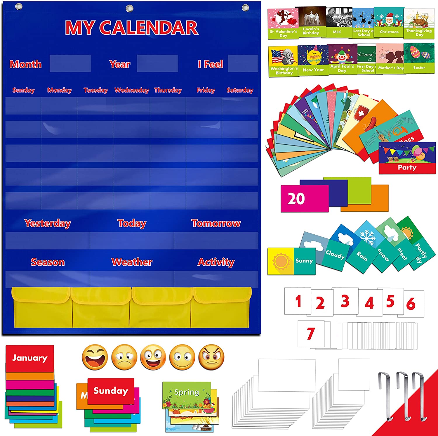 Calendar and Weather Pocket Chart with 148 Cards,(108 Illustrated Activity Cards, 40 Dry Erasable Flash Cards and 3 Hooks 28″x35