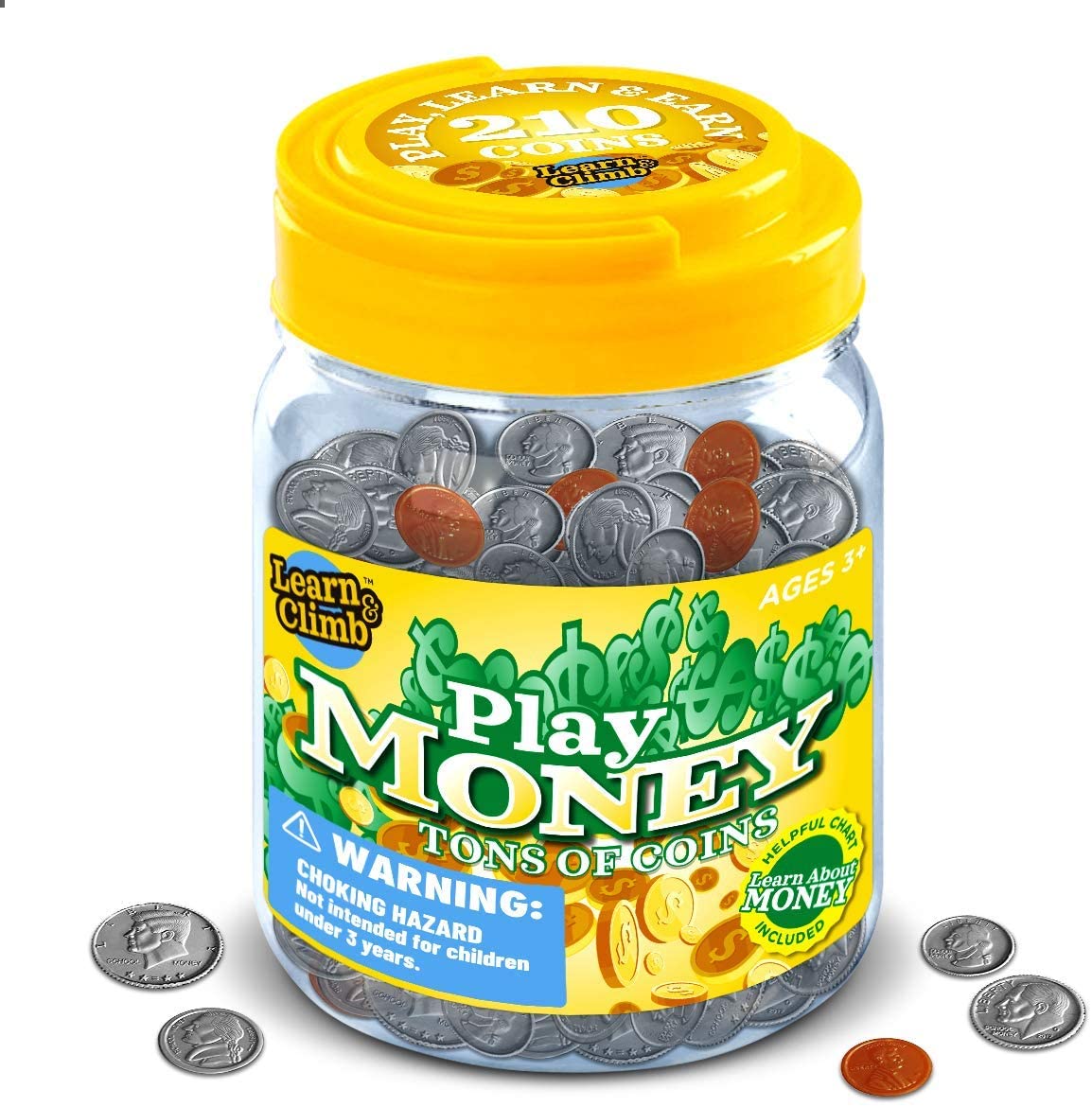 Learn & Climb Play Money Coins for Kids – 10 Half Dollars, 50 Quarters, 50 Dimes, 50 Nickels, 50 Pennies